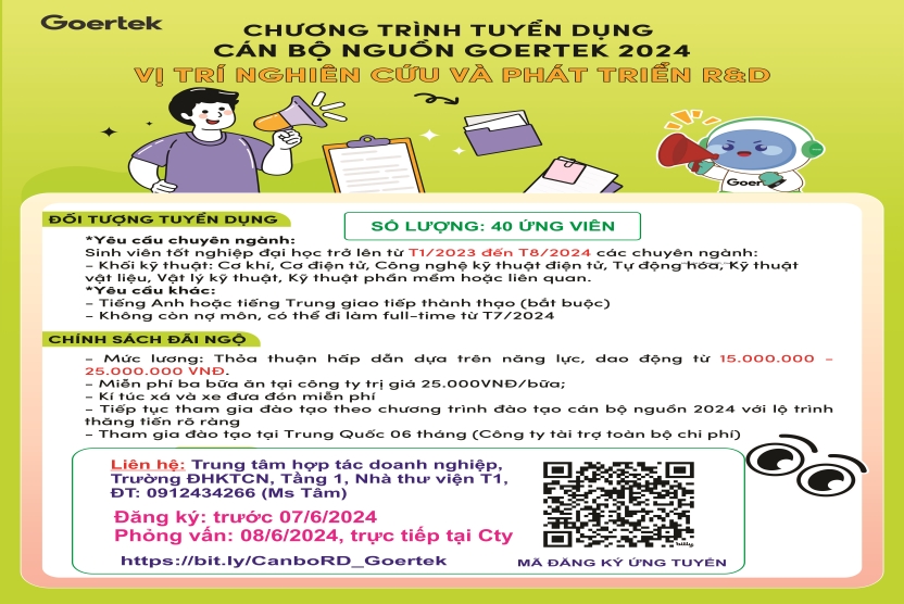 Tuyển dụng Kỹ sư Nghiên cứu và Phát triển diện cán bộ nguồn Cty TNHH Goertek Vina