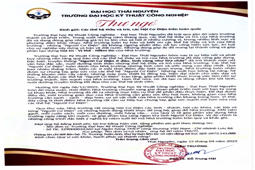 Thư ngỏ của Hiệu trưởng hướng tới kỷ niệm 60 năm Ngày truyền thống Trường Đại học Kỹ thuật Công nghiệp (6/12/1965 - 6/12/2025)
