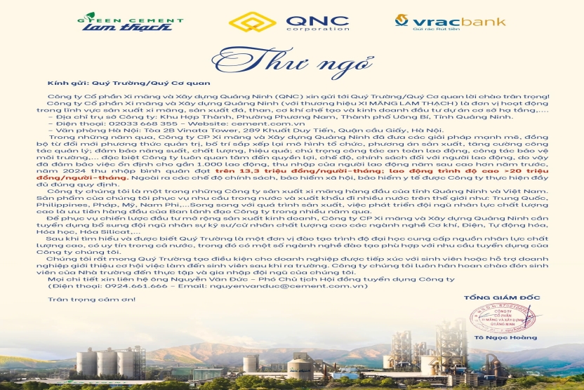 Công ty Cổ phần Xi măng và Xây dựng Quảng Ninh tuyển dụng